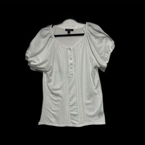 Michael F White Puff Sleeve Blouse Top with Ruched Cap Sleeves